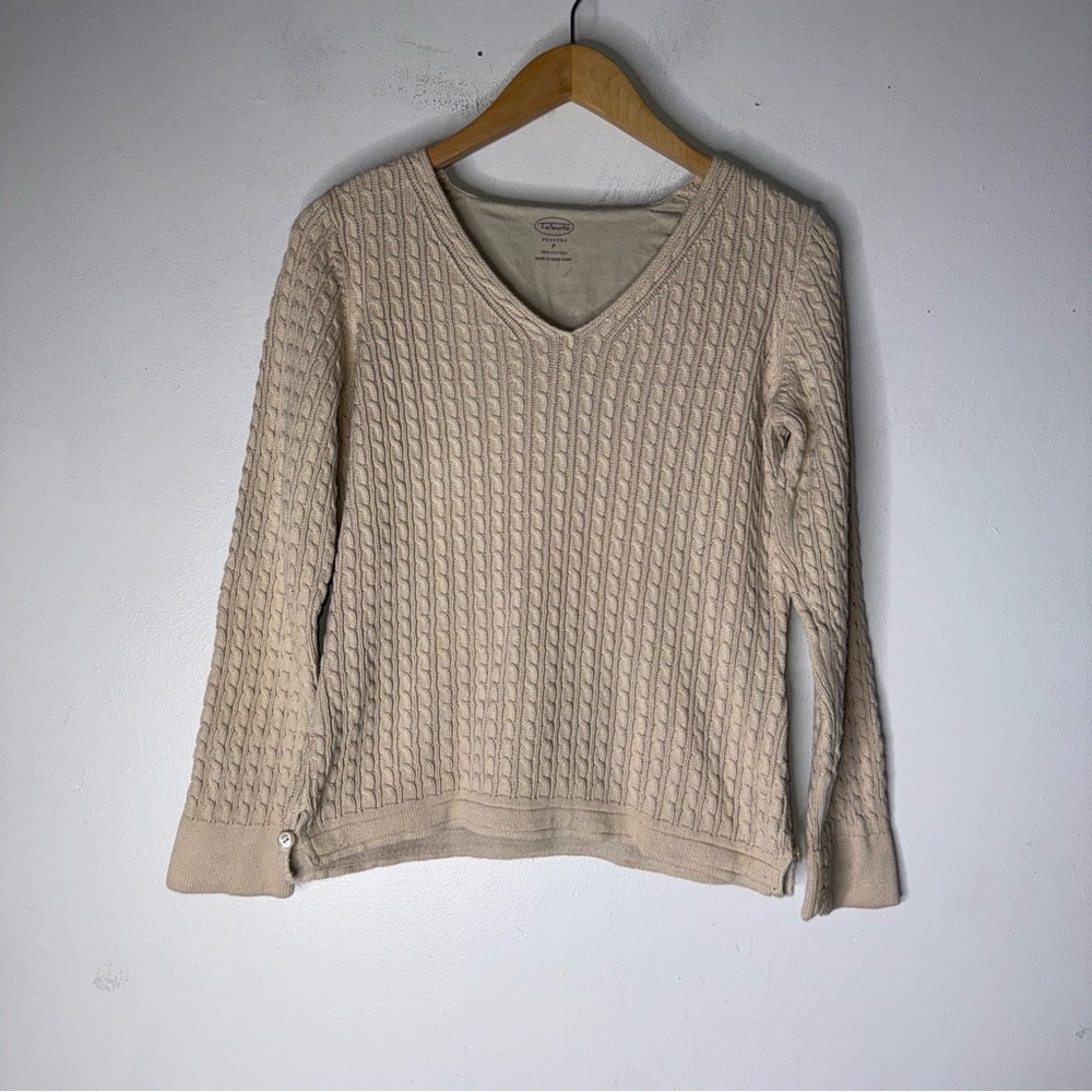 Vintage Talbots Cream Cotton‎ Cable Knit V Neck Sweater Button Detail Size P